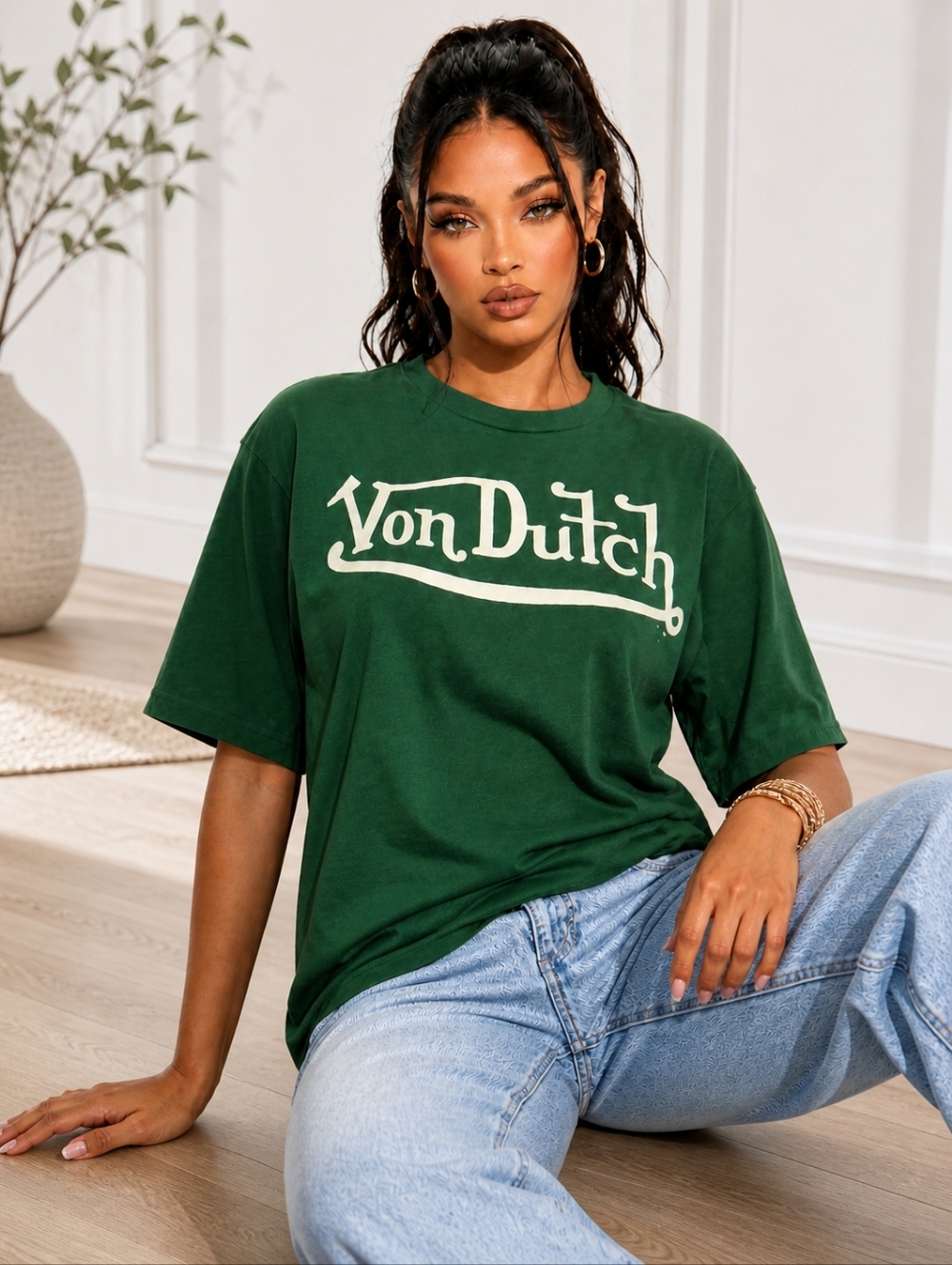 VON DUTCH Oversized Graphic Tee Women XL Hunter Green Logo Y2K Streetwear NWT